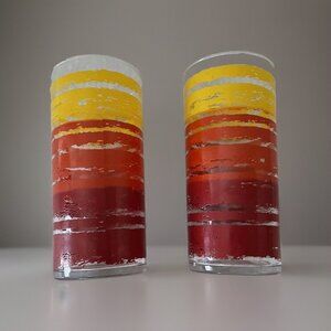 Vintage Set 2 Glasses MCM Collins Highball Stripe Drinking Red Yellow Orange 60s